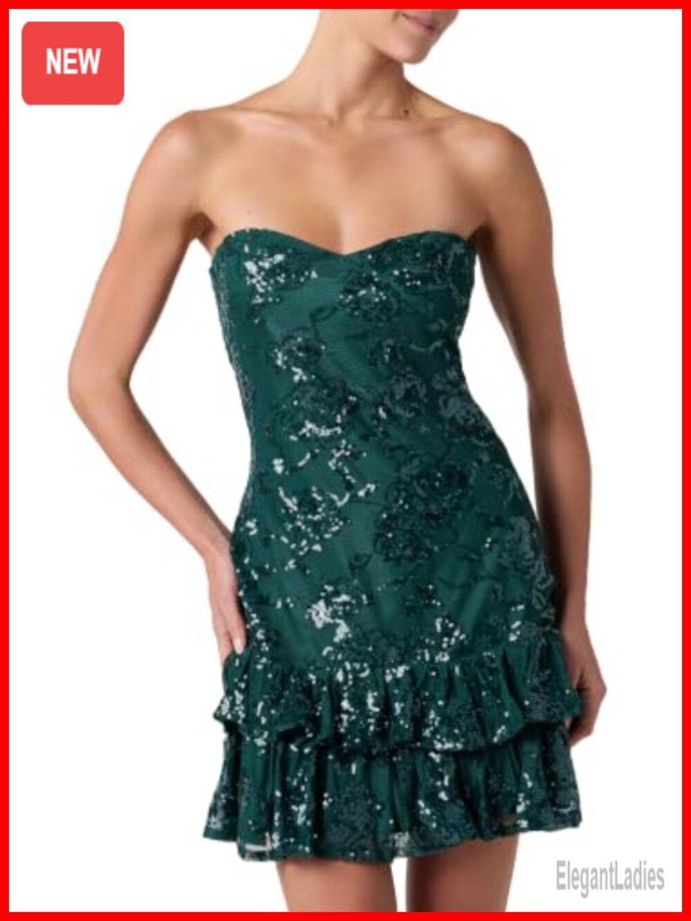 Strapless Sequin Floral Mini Dress Ruffle Hem Party